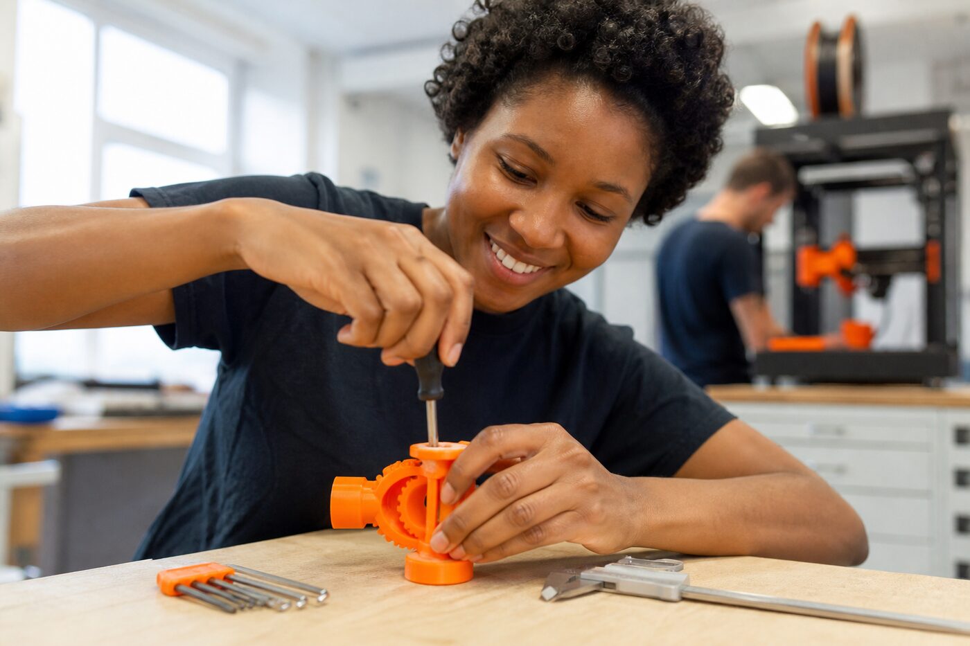 Une technicienne assemble un outil de maintenance imprimé en 3D sur l'établi