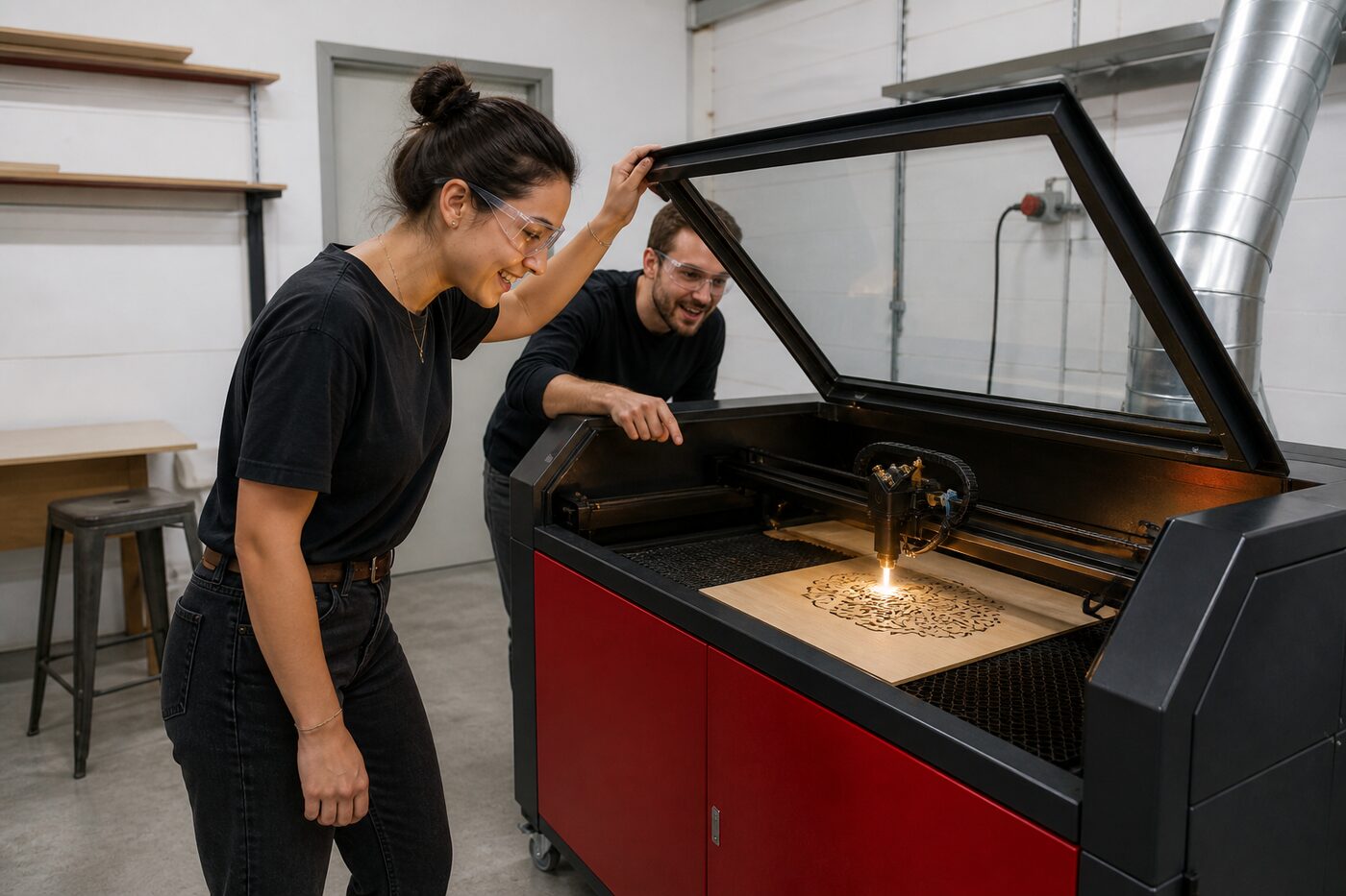 Deux makers suivent une découpe laser en cours dans l'atelier