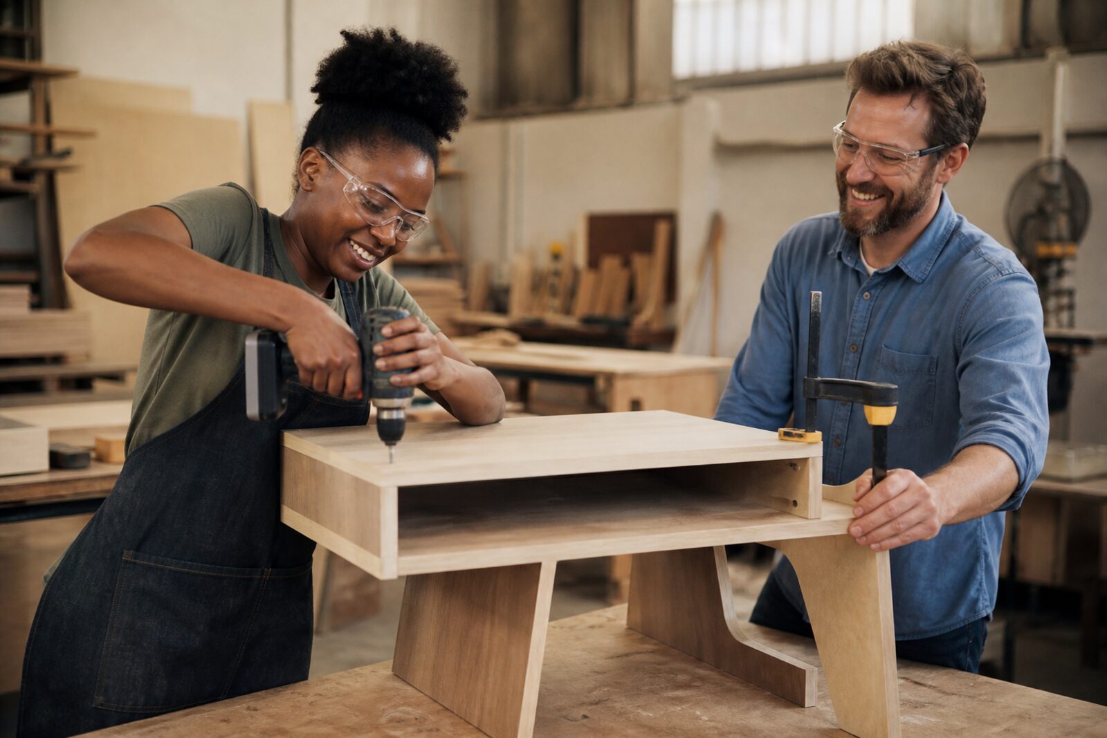 Assemblage du bureau télétravail avec visseuse, lunettes de protection et serre-joint