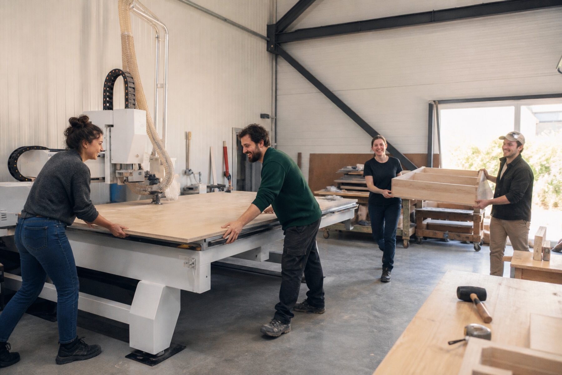 L'équipe de la coopérative en action autour de la CNC à Saint-Chef