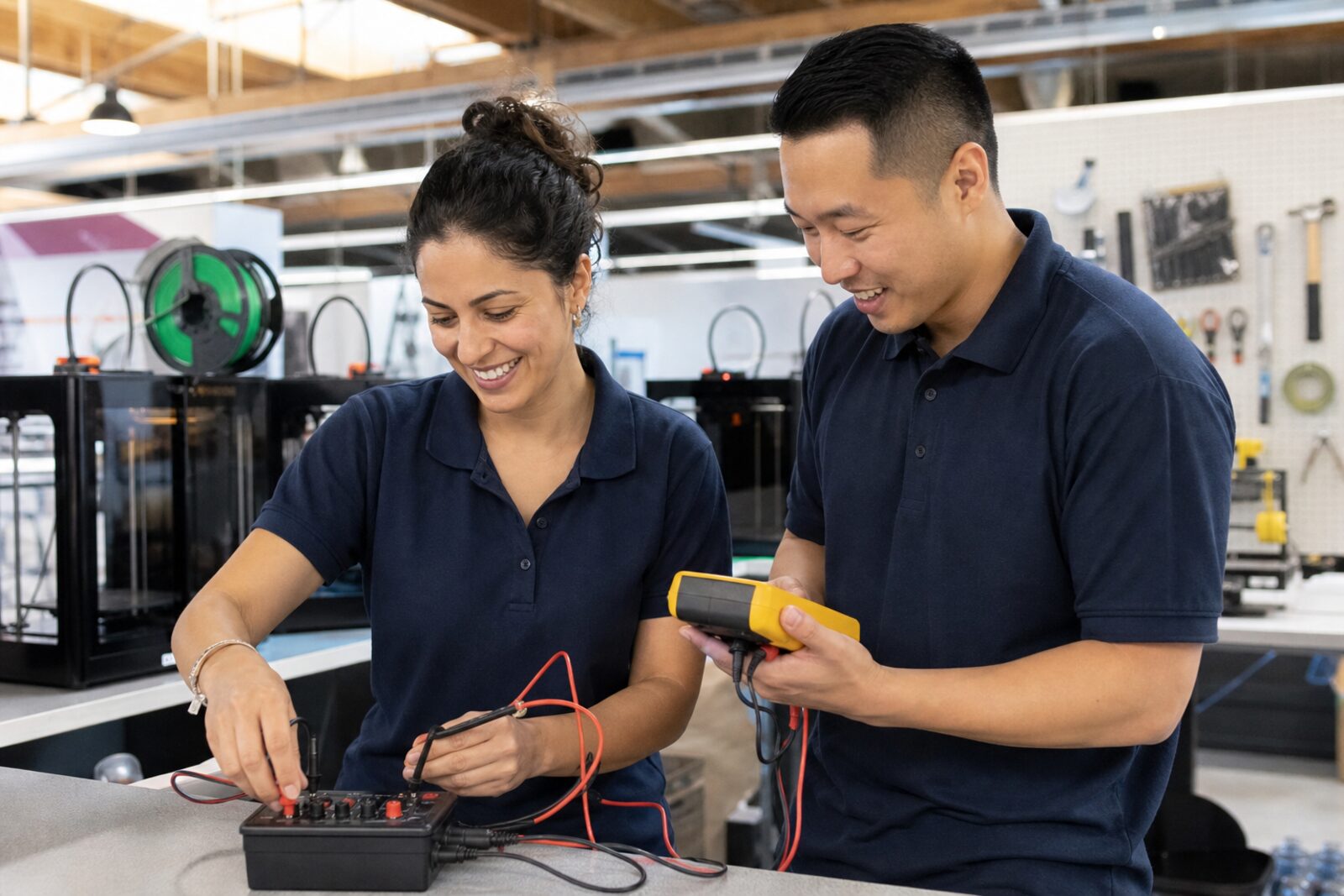 Deux membres de l'équipe testent le boîtier électronique au multimètre